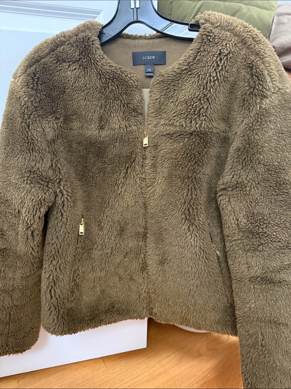 J. Crew Olive Teddy Faux Fur Zip Jacket